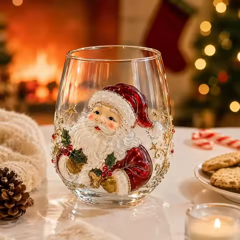 3D Christmas Glass Art Cup,Santa Snowman Reindeer Tree Drinking Glasses Christmas Wine Glasses, 3D G
