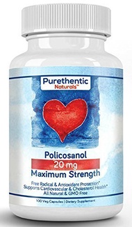 Purethentic Naturals Policosanol for Cholesterol Health Support， 20 MG， 100 Vcaps