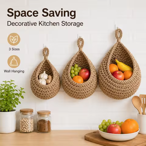 Teardrop Woven Hanging Fruit Basket Wall Mounted Rope Storage Bag Garlic Onion Holder Vegetable Orga