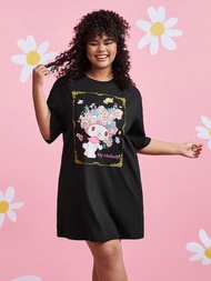 HELLO KITTY AND FRIENDS | SHEIN 夏季加大碼休閒可愛風格漫畫和字母圖形下垂肩寬鬆T恤裙