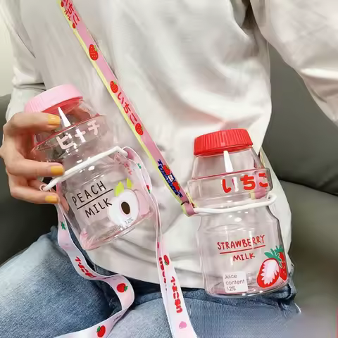 Kawaii Plastic Yogurt Water Bottle With CupStrap 480ml Drinking Bottle Shaker Yakult Cute Milk Bottl
