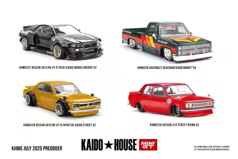 Kaido House + MINIGT Nissan Skyline GT-R (R34)Datsun 510 Street Chevrolet Silverado Kaido Works GRed