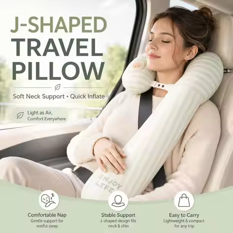 1PC J Shape Car Neck Pillow Inflatable Travel Body Pillow with Built in Pump Neck Waist Support Cush