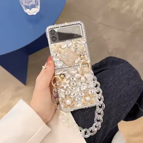 For Motorola Razr 40 Moto Razr40 Ultra Rhinestones Crystal Pearl Crown Flower Wrist Luxury Phone Cas