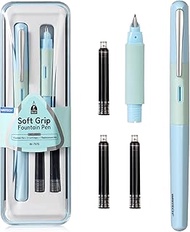 WRITECH Soft Grip Fountain Pen: Black Ink Fine Nib Pen with 1 Replacement Nib Set and 3 Ink Cartridg
