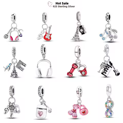 Sports Music Earphone Charms 925 Silver Guitar Violin Football Tower Castle Fit Pendant Original Bra