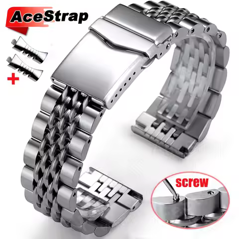 Screw Stainless Steel Strap 20mm 22mm Curved End Seven Bead Watch Band for Men Business Wristband Si