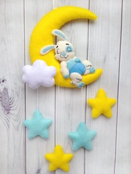 Rabbit Baby Boy Mobile，Bunny Felt Moon，托兒所牆壁裝飾，野兔，嬰兒床移動
