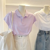Loose Fit Pure Cotton Short Sleeve Doll Collar polo Shirt with Flutter Sleeves Versatile Solid Color