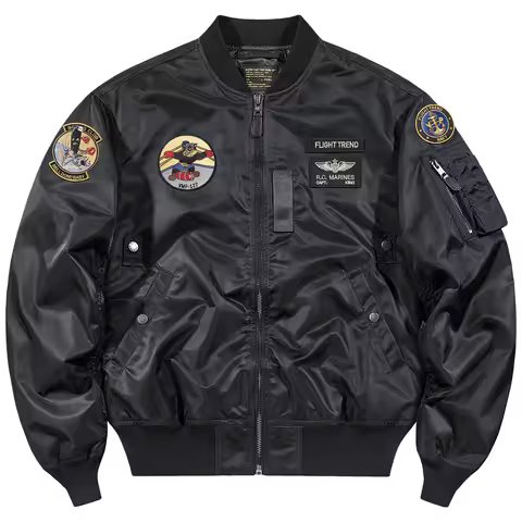 Men's Retro Badge Embroidered MA1Pilot Jacket Outdoor Windproof Baseball Collar Bomber Coat