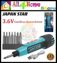 JAPAN STAR 3.6V Cordless Screwdriver with 8pcs screwdriver bits + USB Cable 95-AG233