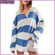 Women Sweatshirt Colorblock Striped Turn-down Collar Long Sleeves Buttons Loose Pullover Top Casual 