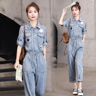 Korean Version Jumpsuit Drapey Denim Jumpsuit Women 2023 Summer Fashion Slimmer Look Narrow-Waisted Overalls Jumpsuit Lapel Ankle-Length Pants Suit