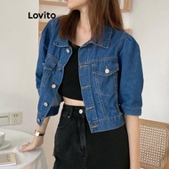 (Trendy) Lovito Casual Plain Button Front Denim Jacket for Women LNM70229 Lovito Jaket Denim Depan K