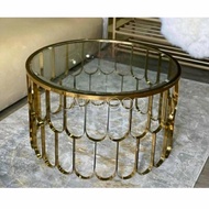 Meja tamu bulat minimalis stainless modern, coffe table gold kaca