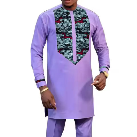 African Design Couture Men’s Lavender Set Patchwork Shirt Patch Elastic Waist Pant Traditional Colla