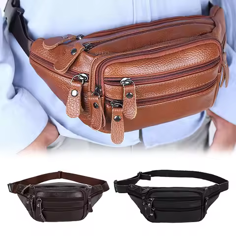 New-Large Capacity Waterproof Real Genuine Leather Men's Waist Bag Cowhide Zipper Site Workers Trave