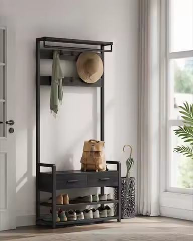 VASAGLE Hallway Coat Rack with Shoe Bench and 2 Fabric Drawers 3-in-1 Entryway Hall Tree with Coat R