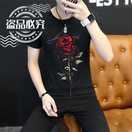 M-3XL New Men ROSE Flower T Casual Shirt 100% Cotton Long Sleeve Solid Tees V-Neck Baju Murah Viral  Lelaki