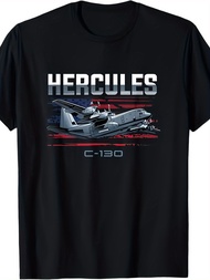 Men's Military Aviation Graphic T-Shirt - C-130 Hercules Cargo Plane Design with Flag