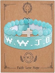 2Pcs Set Natural Healing Stone WWJD Cross Rope Woven Beaded Strand Adjustable Bracelet with Meaningf