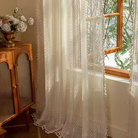 Pastoral Style 140m Lace Window Screening Boho Style Hollow Lace Tassels Curtain Voile Tulle Curtain