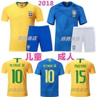 jersey lengan panjang bola malaysia plus size Jersi Piala Dunia 2018 Brazil Pakaian Kanak-kanak Kuning Biru Seragam Bola Sepak No. 10 Namar 15 Paulinho