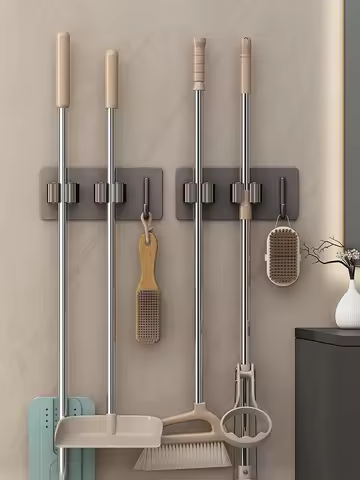 304 Stainless Steel Mop Holder Wall Mounted Adhesive Multi-Purpose Hooks Household Storage Organizer