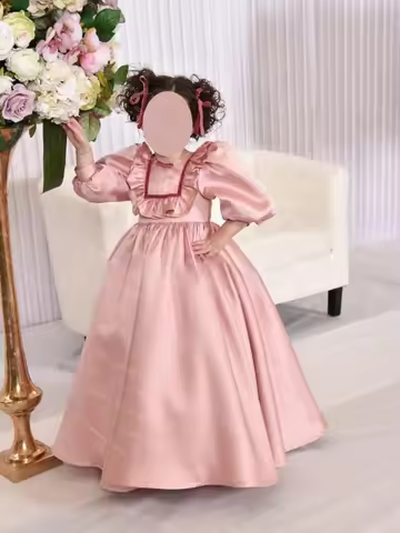 Pink Satin Ruffled Flower Girl Dress Toddlers O Neck Balloon Sleeves Princess Communion Dress Custom