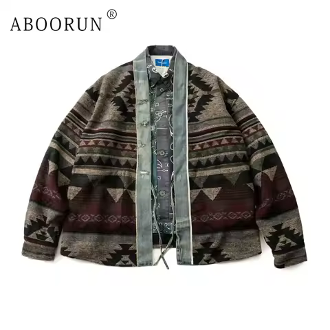 ABOORUN Men's Japanese Woolen Denim Patchwork Coats National Oversized Cardigan Jackets for Male