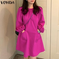 VONDA Đầm Sơ Mi Cổ Tròn Cho Nữ Đầm Xòe Cổ Điển Thanh Lịch Dài Tay Đầm Ngày Lễ (Thường Ngày Hàn Quốc)