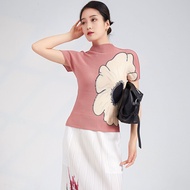 Japan NEW High Quality Pleated Short Sleeve T-shirt Womens Simple Style Elastic Printing Slim Commut