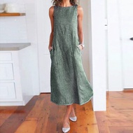 Limea Plus Size Dress For Women Formal Wedding Dress For Ninang Sale Women Casual Striped Print Sleeveless Dress Neck Linen Pocket Long Dress Linen (Green)