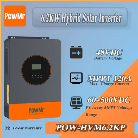 PowMr Hybrid Solar Inverter 6.2KW MPPT 120A Charger Controller Support 48V Battery or Work without B