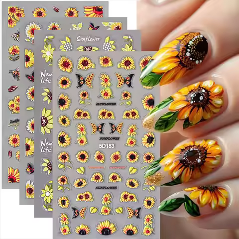 5D Sunflowers Nail Stickers Fall Design Floral Butterfly Bee Nail Decal Self-adhesive Embossed Slide