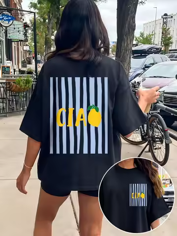 Ciao Lemon Graphic T-Shirt Striped Aesthetic Fruit Print Tee Summer Harajuku Streetwear Fashion Tops