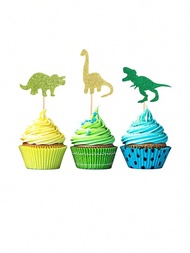 12入組恐龍杯子蛋糕裝飾,綠色閃粉杯子插銷,宴會活動必備