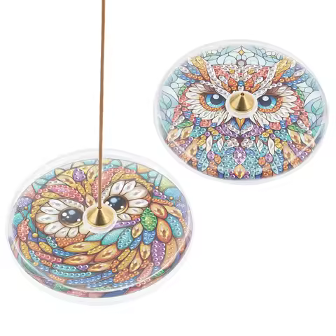 2PCS Diamond Art Painting Meditation incense plate Kits,Colorful Owls Special Shape Diamond acrylic 