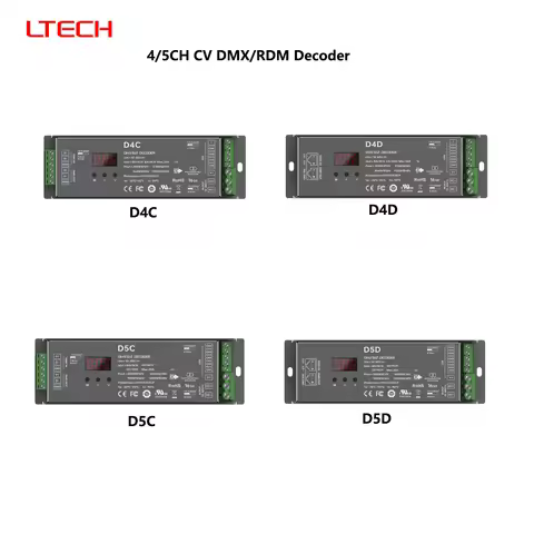 LTECH D4A DC12-48V DMX/RDM 3/4/5CH 6A/CH CV 16bit DMX512 Digital Display RJ45 4In1 PWM Decoder For D