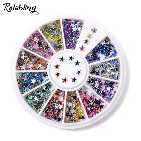 1Box 3mm Star Shaped 12 Colors Nail Art Rhinestone AB Rainbow Color Crystal Beads DIY Nail Art Decor