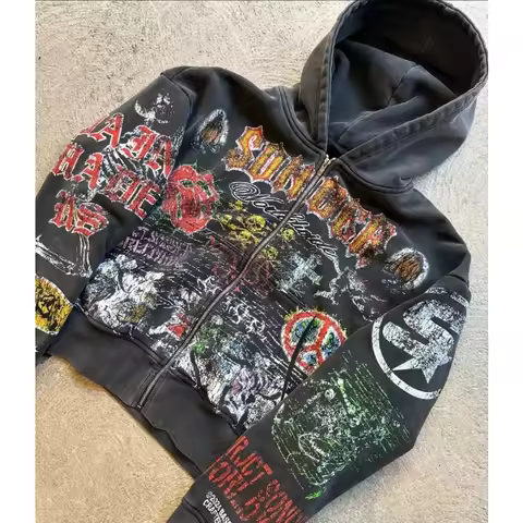 Zipper Hoodie Y2k American Fashion Personalized Anime Printed Retro Gothic Dark Style Oversized Spor