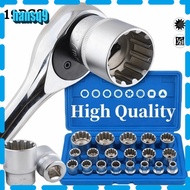 HANSQ 19 Pcs Spline Socket Set, Metric 1/2" Drive 12 Point Socket Set, High Quality 6-Angle with  Cr