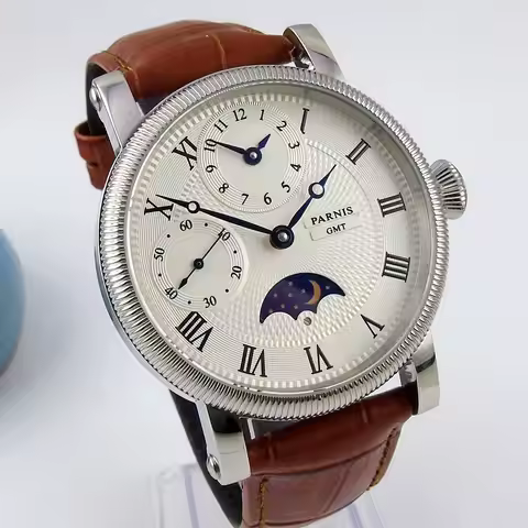 Sweet Gifts 42mm Parnis White Dial Blue Marks Leather Strap GMT Moon Automatic Mechanical Men's Watc