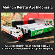 mainan miniatur kereta api indonesia FULL SET Lokomotif CC203 + Gerbong + Ekonomi + 10pc Rel