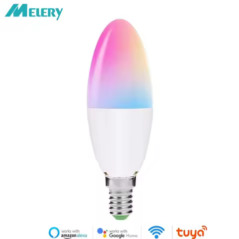 Melery E14 Base Tuya WiFi Smart RGB LED Light Bulb Candle 40W Equivalent Timer Lamp Wireless Control