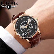 LIGE นาฬิกาผู้ชายใหม่นาฬิกาผู้ชายของแท้กันน้ำเรืองแสงปฏิทินออกแบบกลวงนาฬิกาลายคู่รัก + กล่อง
