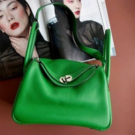 🅁刻 ::HERMES::竹子綠皮革銀釦LINDY 26手提肩背包