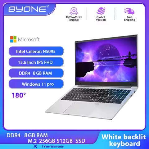 BYONE 15.6 Inch Celeron N5095 Laptop 8GB DDR4 RAM 256GB 512GB SSD Windows 11 IPS Business Ultrathin 