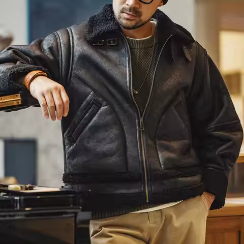 Maden Vintage B3 Bomber Jacket Faux Leather Jacket Fleece-lined Thickened Warm Motorcycle Solid-colo