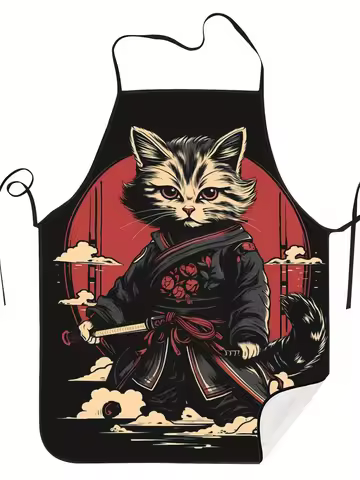 1 Piece Japanese-Style Ukiyo-E Style Samurai Tabby Cat Retro Design Apron, Unisex, Suitable for Craf